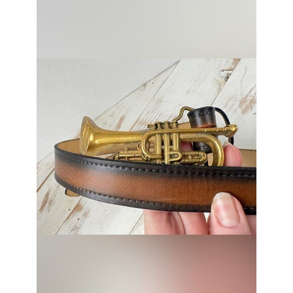 Vintage 70s leather belt Baron solid Brass Buckle cornet trumpet music band 34 main image 9